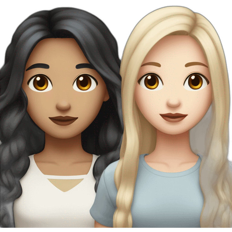 Couple white skin girl with black eyes and light brown long hair with a fish face like dressed in white with white girl with middle length black hair blue eyes very androgynous dressed in red emoji