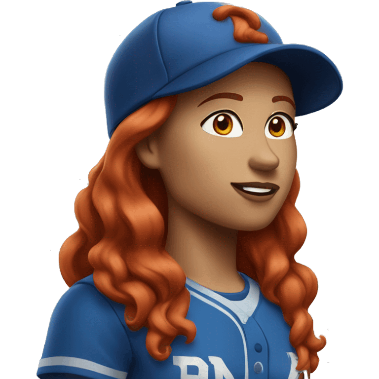 standing female coach with long red hair, wearing a white t-shirt and a simple blue baseball hat emoji