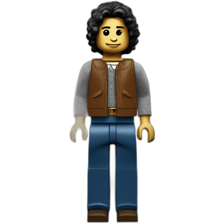 Programmer Lego like, long curly dark hair, full body, short pants, Peruvian sweater emoji