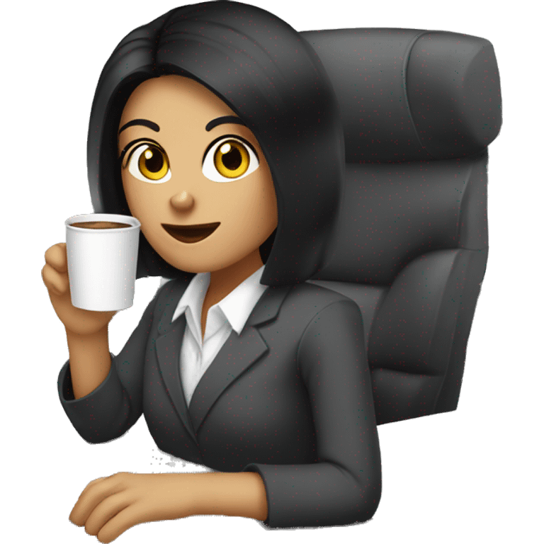 Secretary black hair computer and drinking coffee emoji