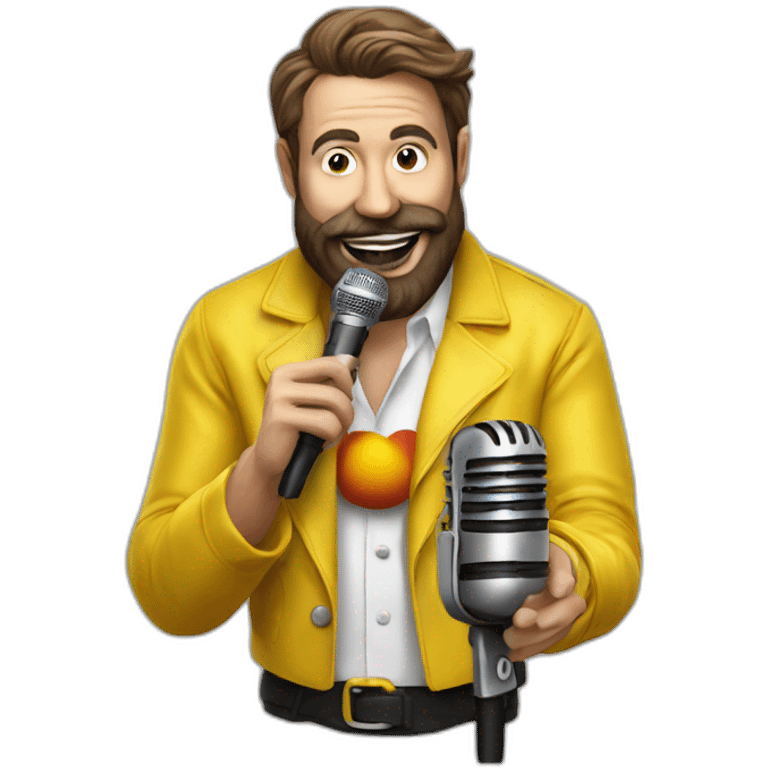 radio presenter with beard and with a yellow microphone on his hand is a filthy clown emoji