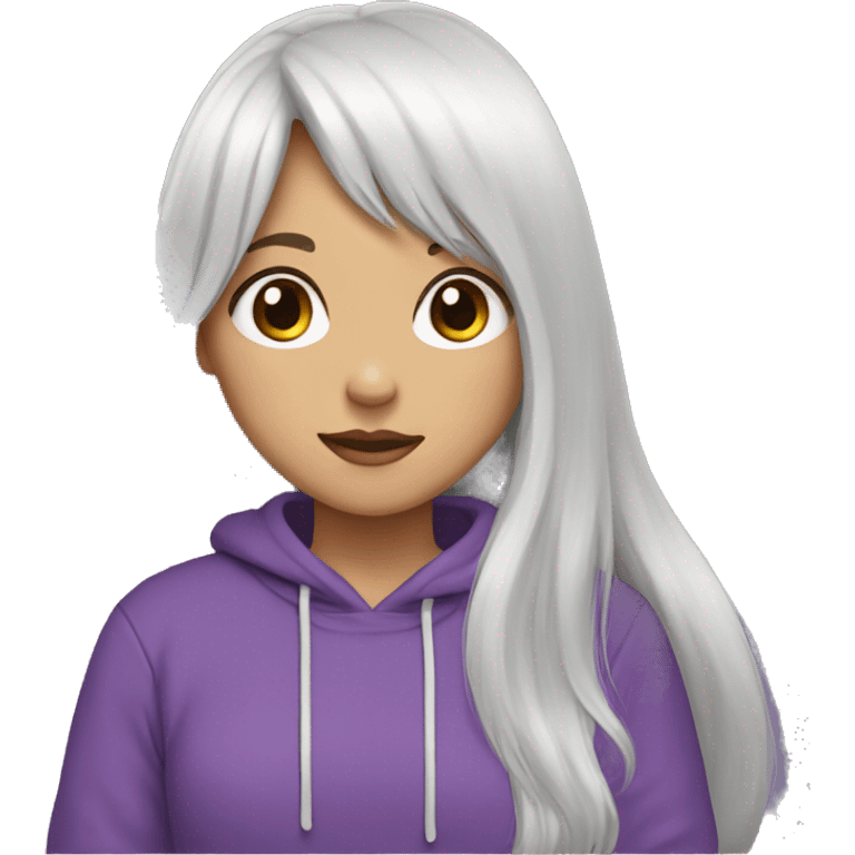 a girl with long white hair with bangs, brown eyes, wearing a purple sweatshirt emoji