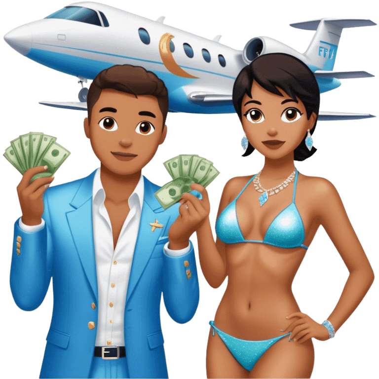 tefi valenzuela wearing diamond sparkle un top bikini and josh king madrid standing on private plane throwing money at her emoji