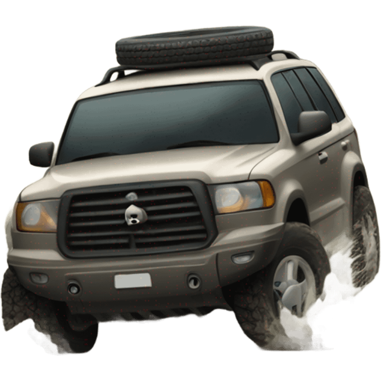 An SUV facing a road full of mud and rocks, with big tires and mud splashing around, showing resistance and adaptability. emoji