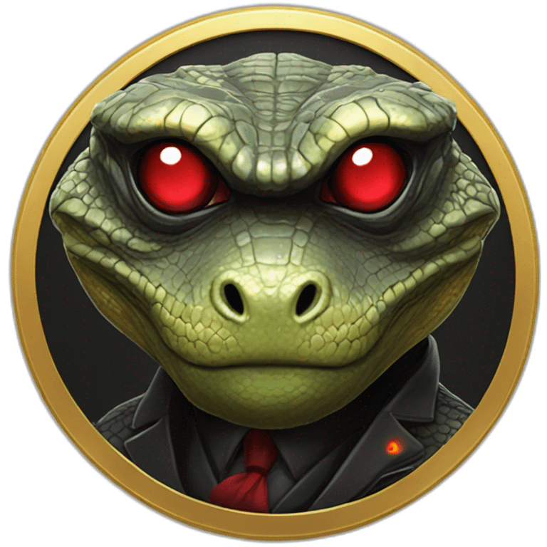 Reptilian with red laser eyes in black suite on the golden coin emoji