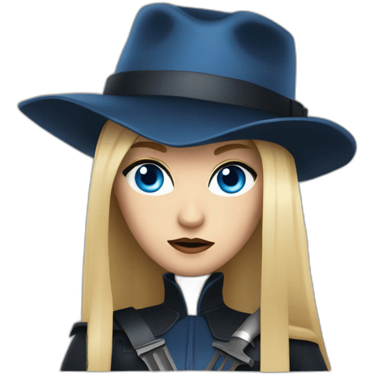 beautiful vampire spy woman with long blonde hair and blonde straight bangs and blue eyes wielding knives serious expression emoji