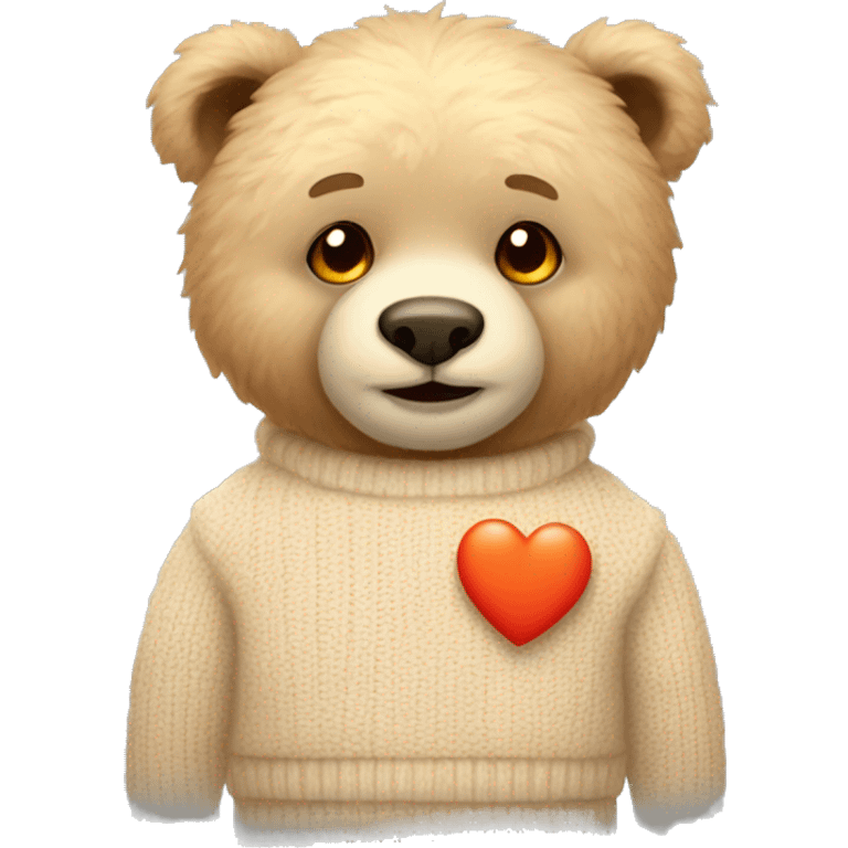 Teddy bear with Light color fur with orange eyes wearing a beige sweater with a red heart in the middle.  emoji