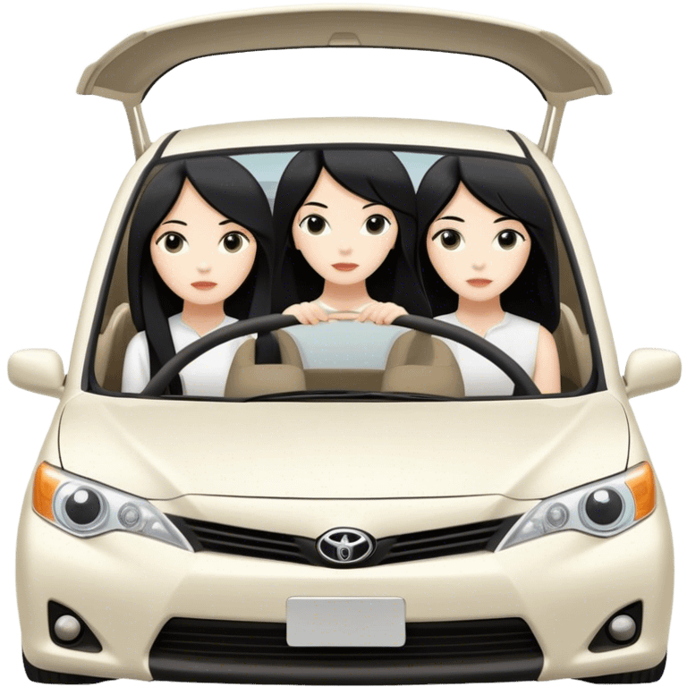 Two girls with long black hair, white, in ivory white Toyota car from far view  emoji