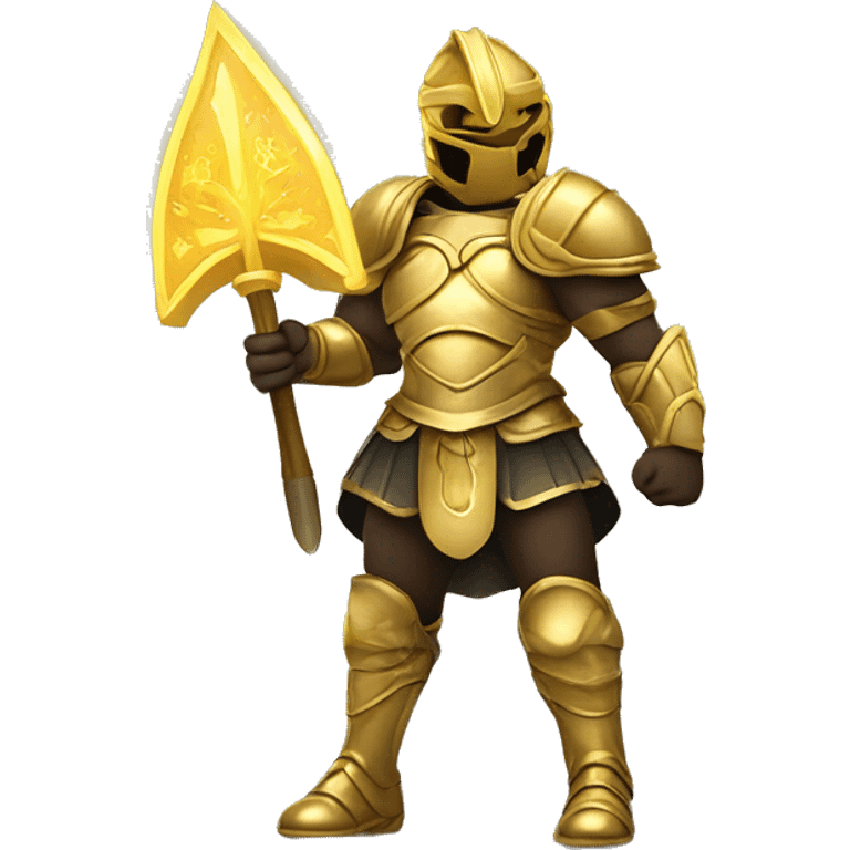 A golden-armored warrior inspired by the zodiac sign Libra, with glowing scales symbolizing justice, in a heroic pose, designed in a vibrant emoji style. emoji