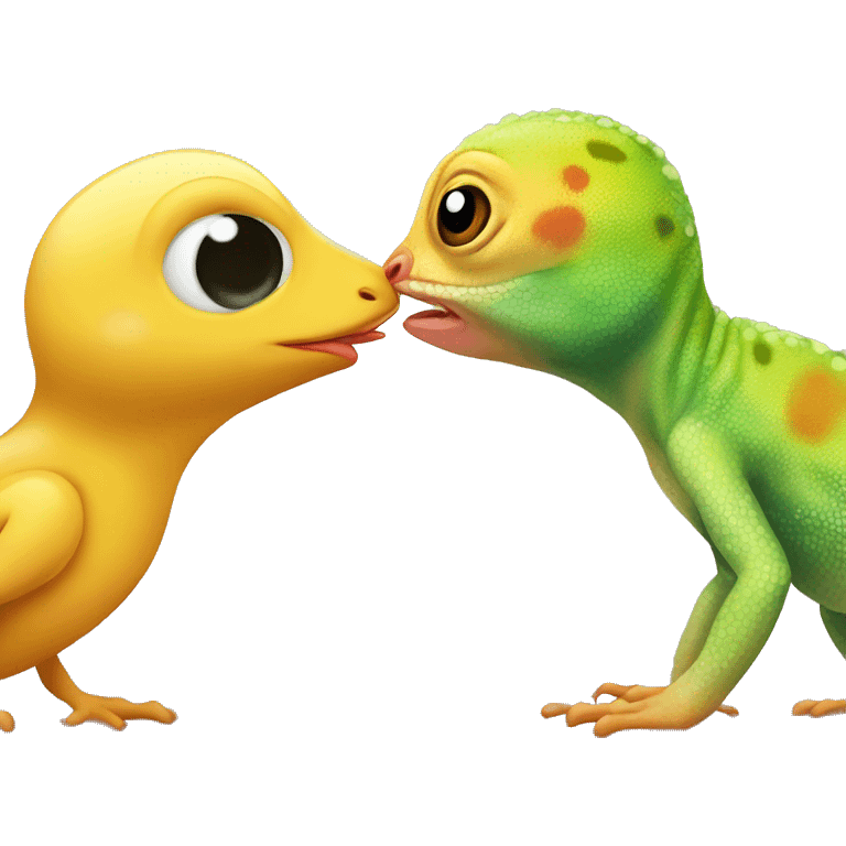 a cute gecko and a cute baby chicken kissing emoji