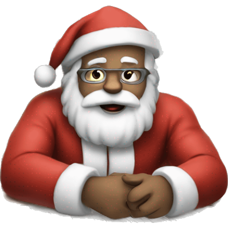 Santa is sitting on a desk, solving complicated math problems on a sheet of paper emoji