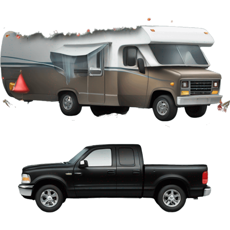 Black 4 door pickup truck with an RV attached with Christmas lights and decorations emoji