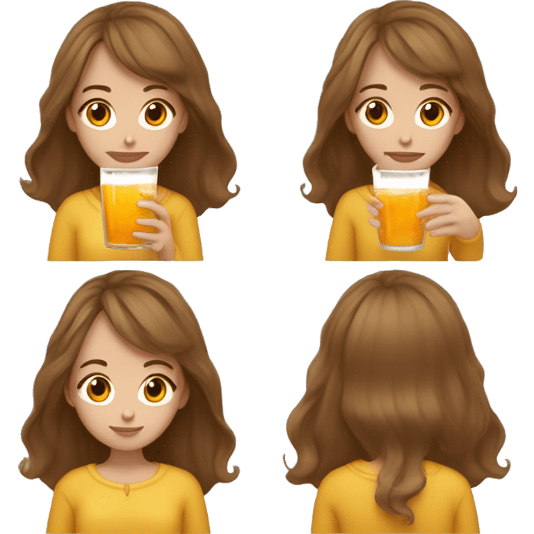 brown haired girl White English woman with long brown hair and face framing layered bangs dressed in a mustard yellow sweater with birthday crown and holding a glass filled with orange liquid with ice cubes  emoji