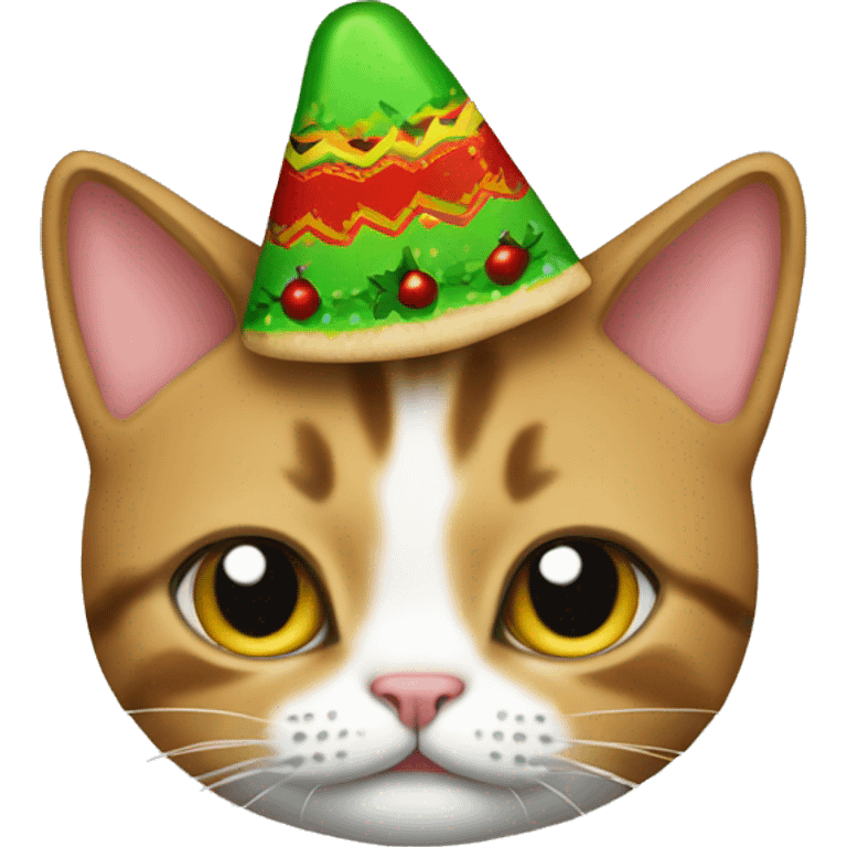 A cat wearing christmas shirt with a taco on head  emoji