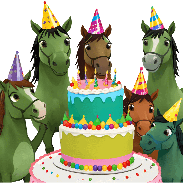 A bunch of horses wearing a birthday hats around a cake emoji