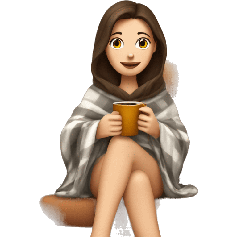 Brunette white girl covered in blanket autumn vibe sitting on a cozy chair holding coffee,  emoji