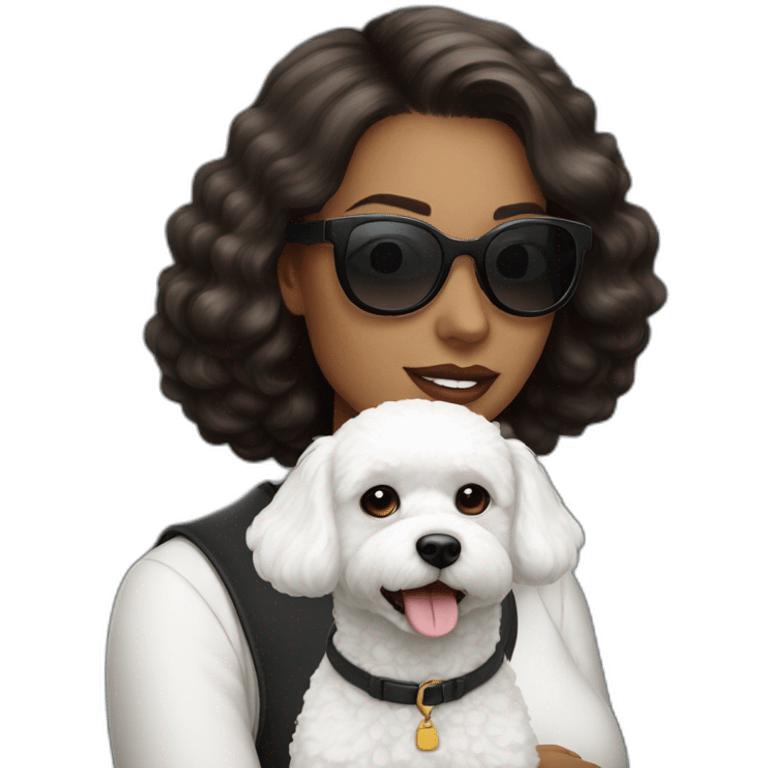 mujer peli negro y gafas con perro bichon blanco emoji