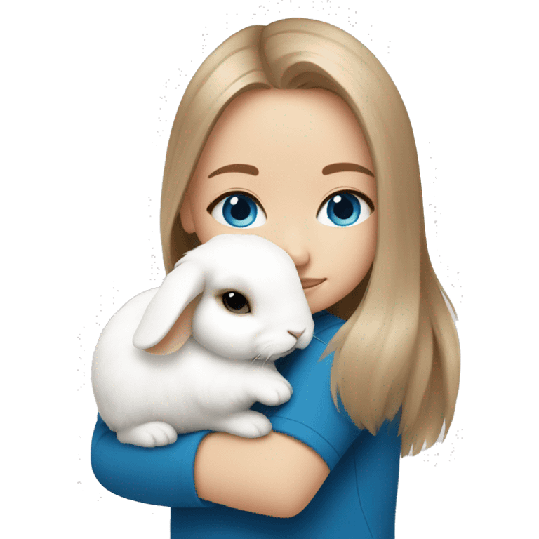 Girl hugging a white mini lop, light brown hair and blue eyes emoji