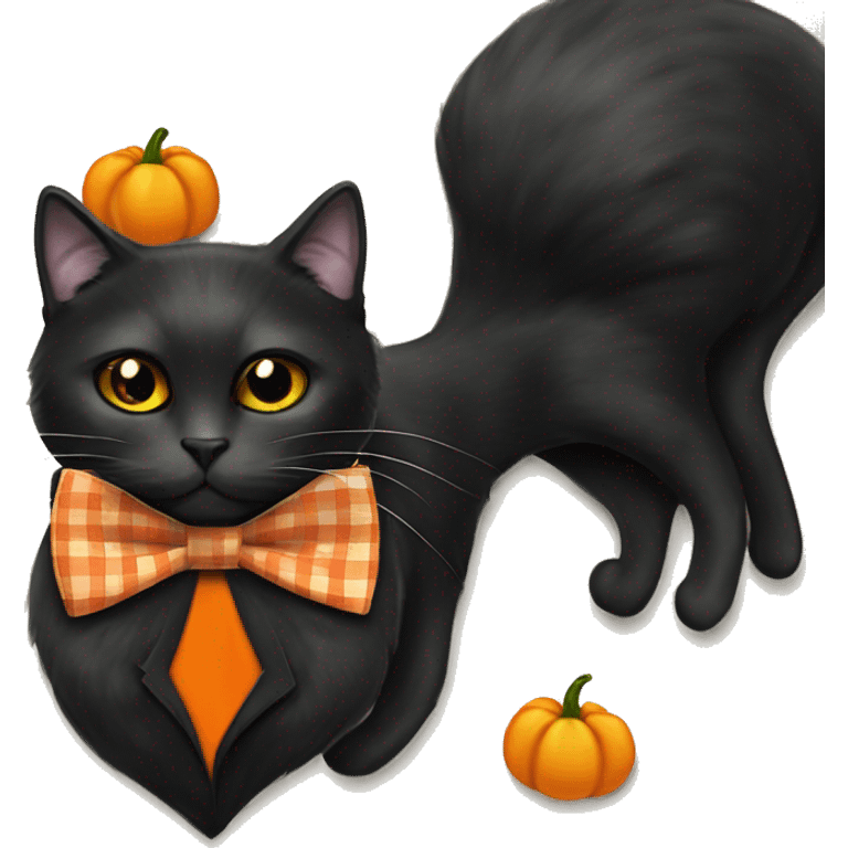 Black cat with orange eyes. Orange plaid bow tie with pumpkin charm emoji