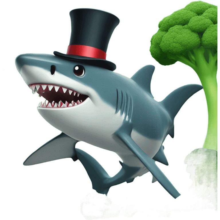 Shark with a top hat eating broccoli on an island emoji