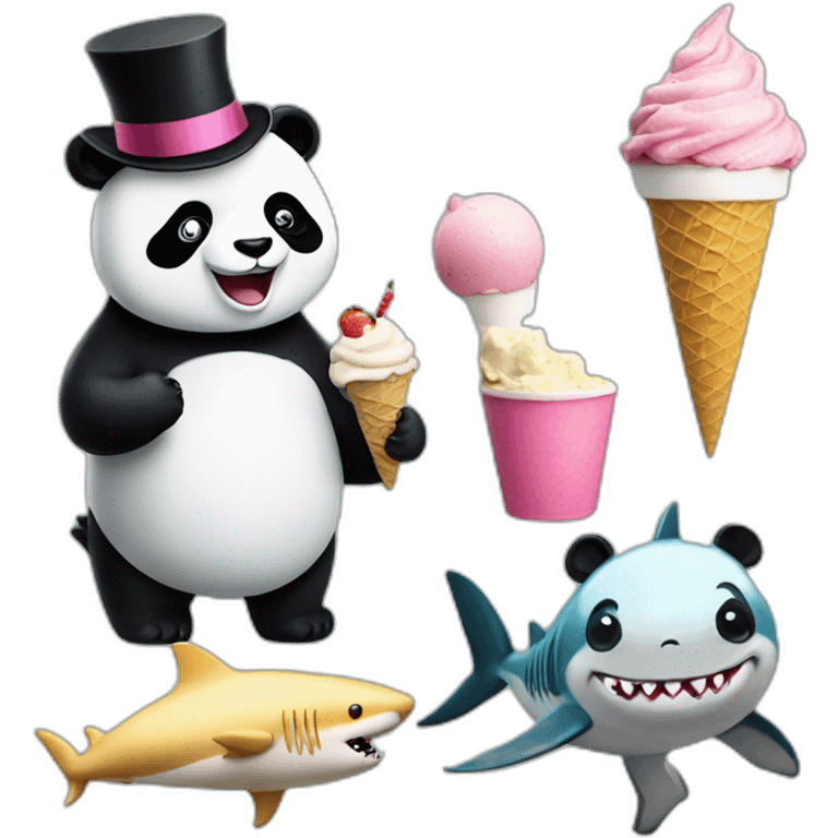 Panda eating ice cream and shark with a top hat emoji