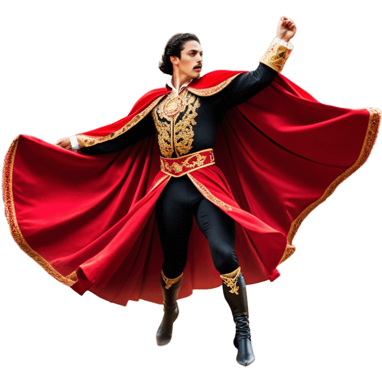 ​Cinematic Realistic Spanish Matador Holding a Red Cape, depicted in mid-action with a vibrant red cape flowing in the wind, dressed in an ornate traje de luces with shimmering details, confronting a charging bull in a dramatic arena, rendered with dynamic motion blur and vivid, high-contrast lighting, emoji