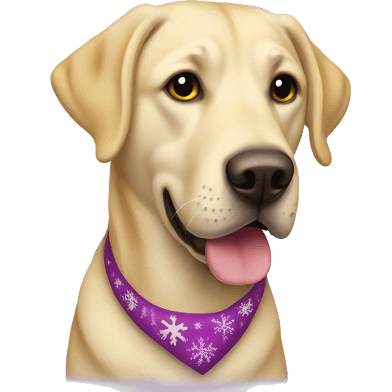 Yellow lab wearing Christmas purple ate emoji