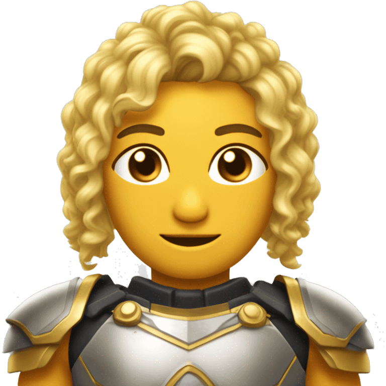 Uma deusa grega do cabelo loiro, olho cor de mel ,pele branca e vestindo uma armadura que tem um decote em formato de V, e a armadura é dourada. emoji