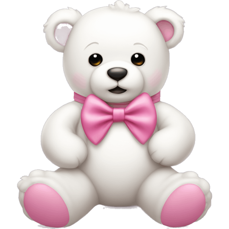 white teddy bear wearing a pink bow and holding a pink hart emoji