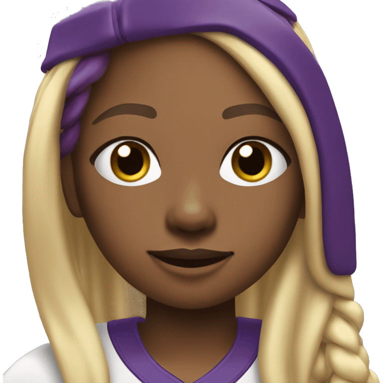 baseball card character. black girl. long hair blonde streaks. letter C logo. Purple and white uniform.  emoji