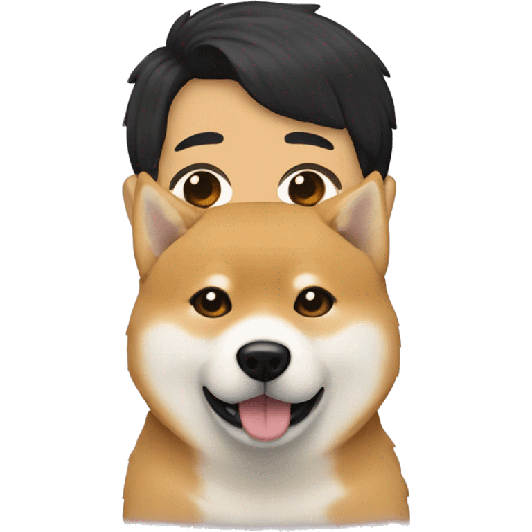 Shiba-inu cuddles man with curly black hair withou beard emoji