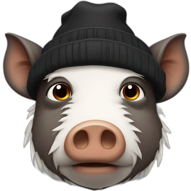 Sad boar with stubble in a black winter hat emoji