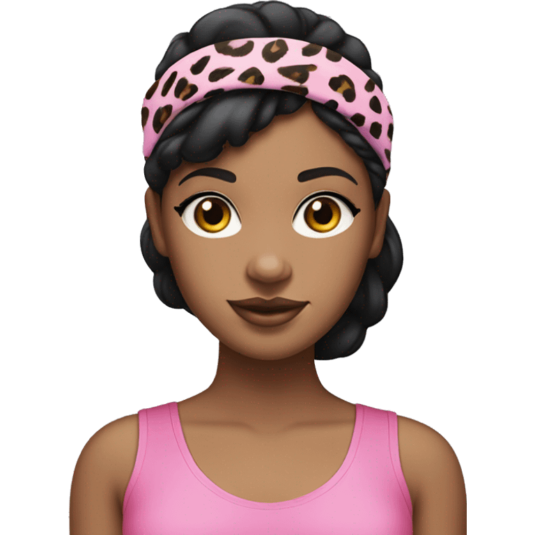 Light skin black girl with black hair wearing a pink top and leopard print plastic head band emoji