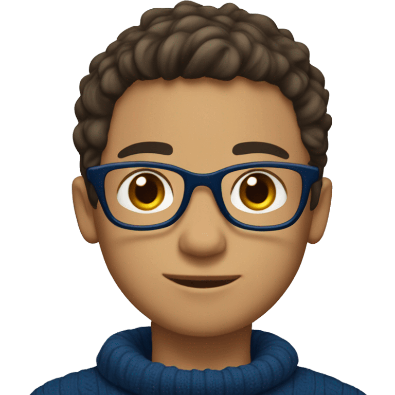 winter, christmas, young boy, short  brown hair, brown eyes, hispanic, dark blue sweater, full body, blue glasses emoji