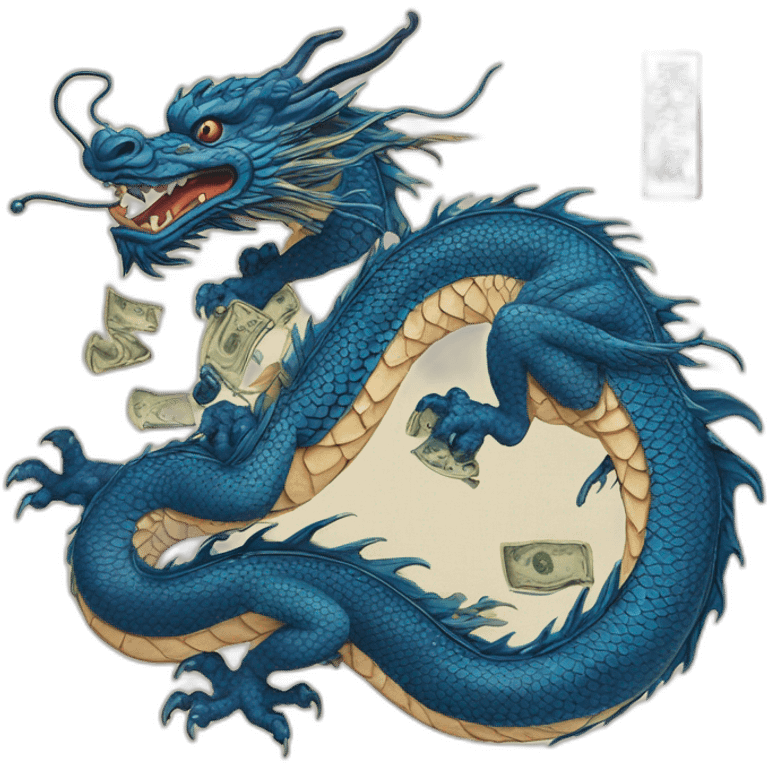 ukiyoe blue dragon with a cash emoji