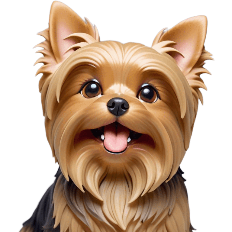 Cinematic Cute Yawning Yorkshire Terrier Portrait Emoji, Head tilted with a playful, drowsy expression and droopy, adorable eyes, featuring a soft, well-groomed fur in rich hues, simplified yet irresistibly endearing, highly detailed, glowing with a warm, cozy radiance, high shine, exuding a relaxed yet spunky charm, styled with a gentle, soft glowing outline, capturing the essence of a Yorkshire Terrier mid-yawn that seems as if it could cuddle right off the screen! emoji