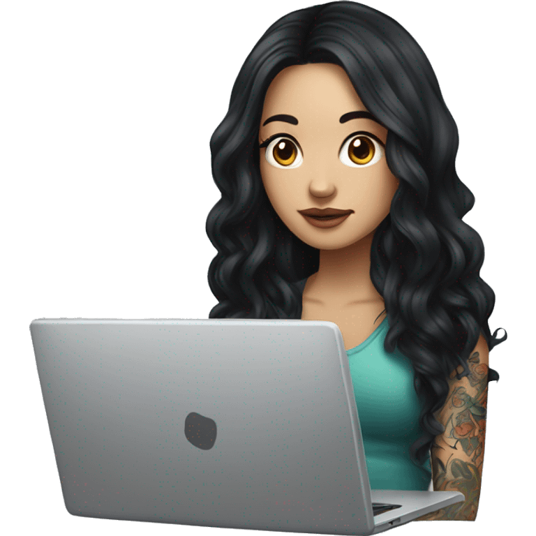 beautiful girl with tattoos, with long black hair, wavy hair, chinese, with laptop emoji