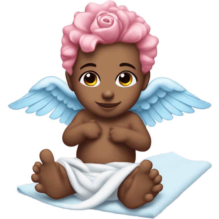 cupid baby with pink rose hair pin and skyblue wings. He has white towel for his underwear. emoji