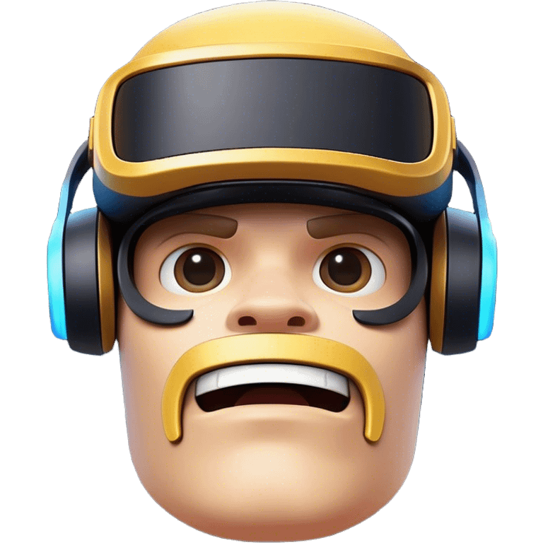 Clash of Clans aesthetic: Cinematic Playful PlayStation VR Headset Portrait Emoji, rendered in a 3D vector-style similar to standard emojis with minimal shading and bold, simplified shapes. A compact, distinct form with signature details, softly glowing with a cutting-edge console technology charm. Simplified yet unmistakably iconic, highly detailed and consistent, glowing with a soft radiance and high shine. Stylized with a touch of technological advancement and a soft glowing outline, capturing the essence of a beloved gaming relic with a friendly, playful manner! emoji