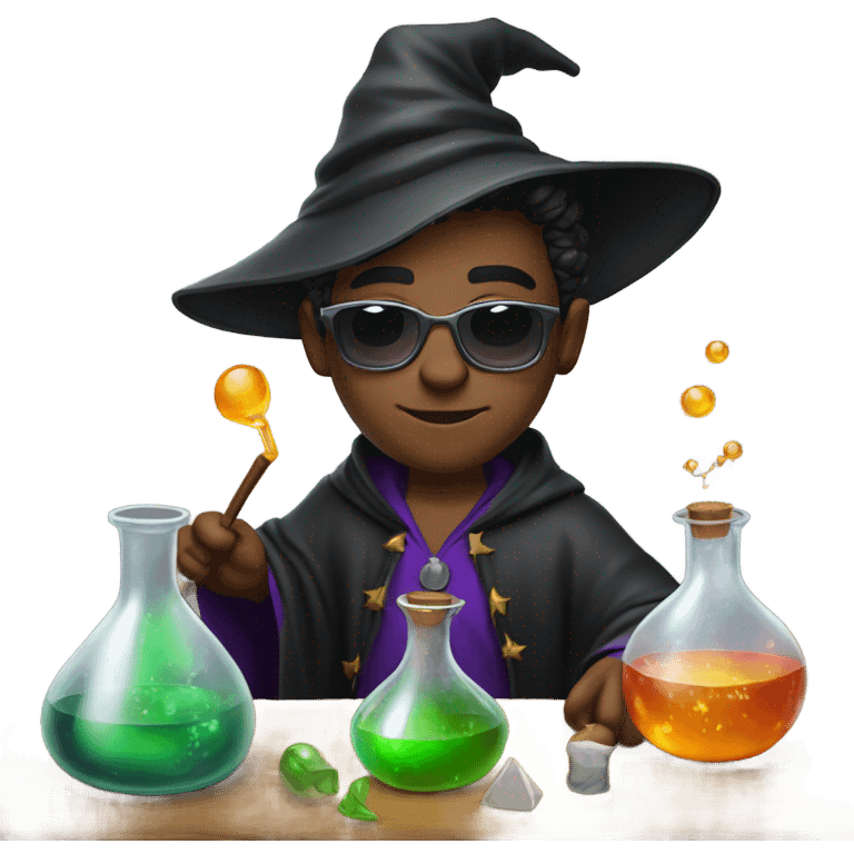 Young male wizard mixing potions and wearing sunglasses emoji