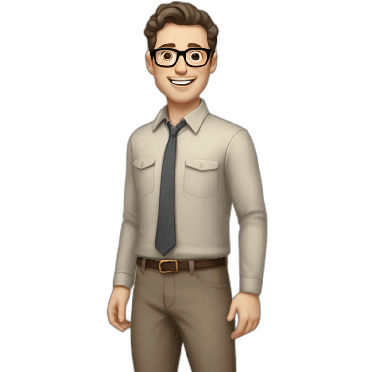 Joyful Full height Pale skinned Fit Man With dark brown hair in gray jacket, beige office shirt, Brown pants and vintage glasses. His thrumbs up emoji