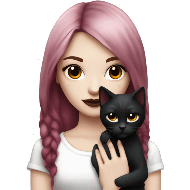 Pale girl with black eyeshadow and burgundy red colored hair with an emo haircut that’s long and layered holding a black cat emoji