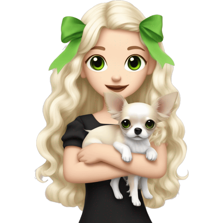 pale blonde girl with long platinum white wavy hair with bright green eyes and wearing a light pink hair bow holding a black and white long haired chihuahua puppy also wearing a hair bow emoji