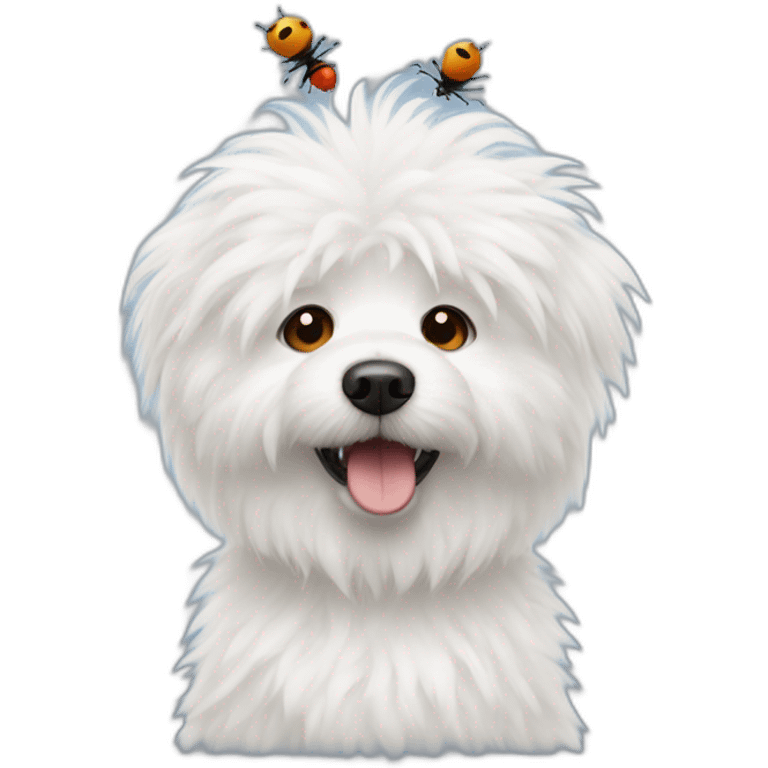 White fluffy dog with a bug emoji