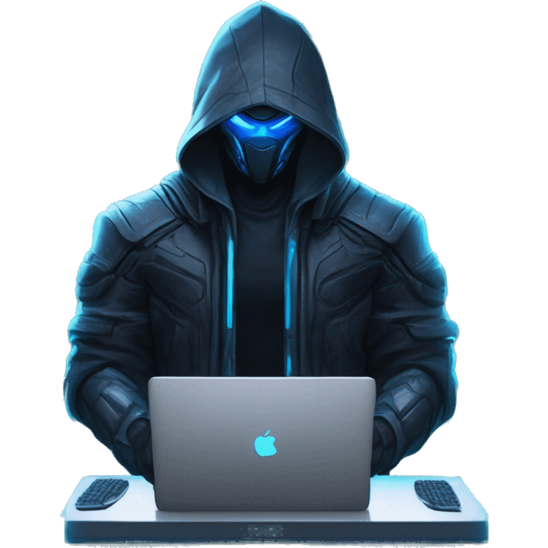 developer behind his laptop with this style : crysis Cyberpunk Riot Games Valorant neon glowing bright blue character blue black hooded assassin themed character emoji