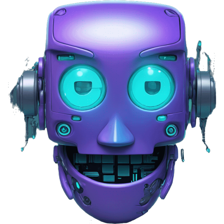 Smily face robotic scanning device, cyberpunk, cyan and purple colors, friendly, futuristic, binary code emoji