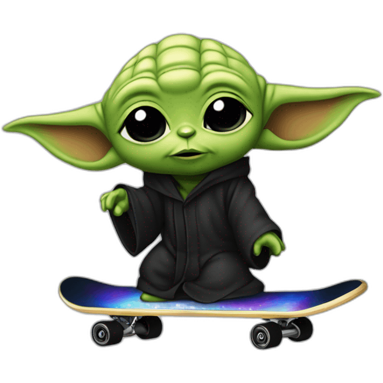 bebe yoda arc-en-ciel qui fait du skate en nageant dans une mer noir emoji