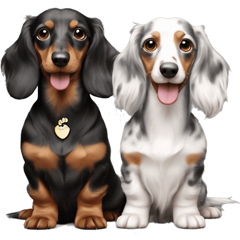 Two identical tri merle long hair dachshunds together  emoji