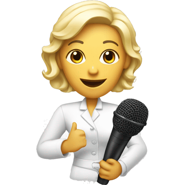 A white hostess is holding a microphone. emoji