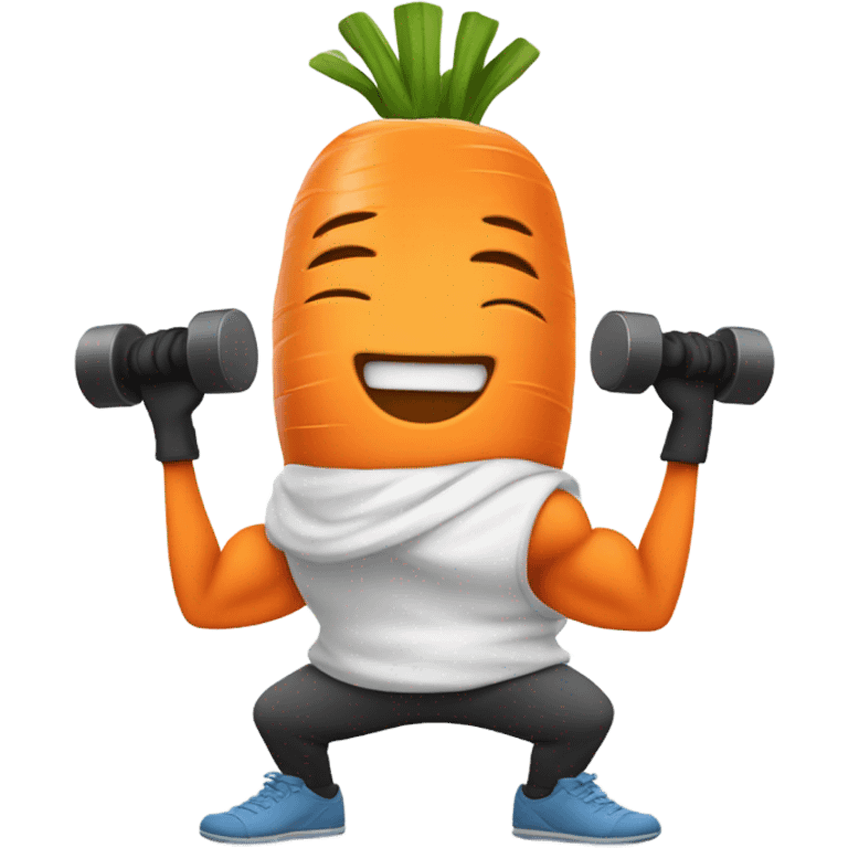 Generate an energetic carrot emoji wearing a sweatband, lifting tiny dumbbells, and looking motivated. emoji